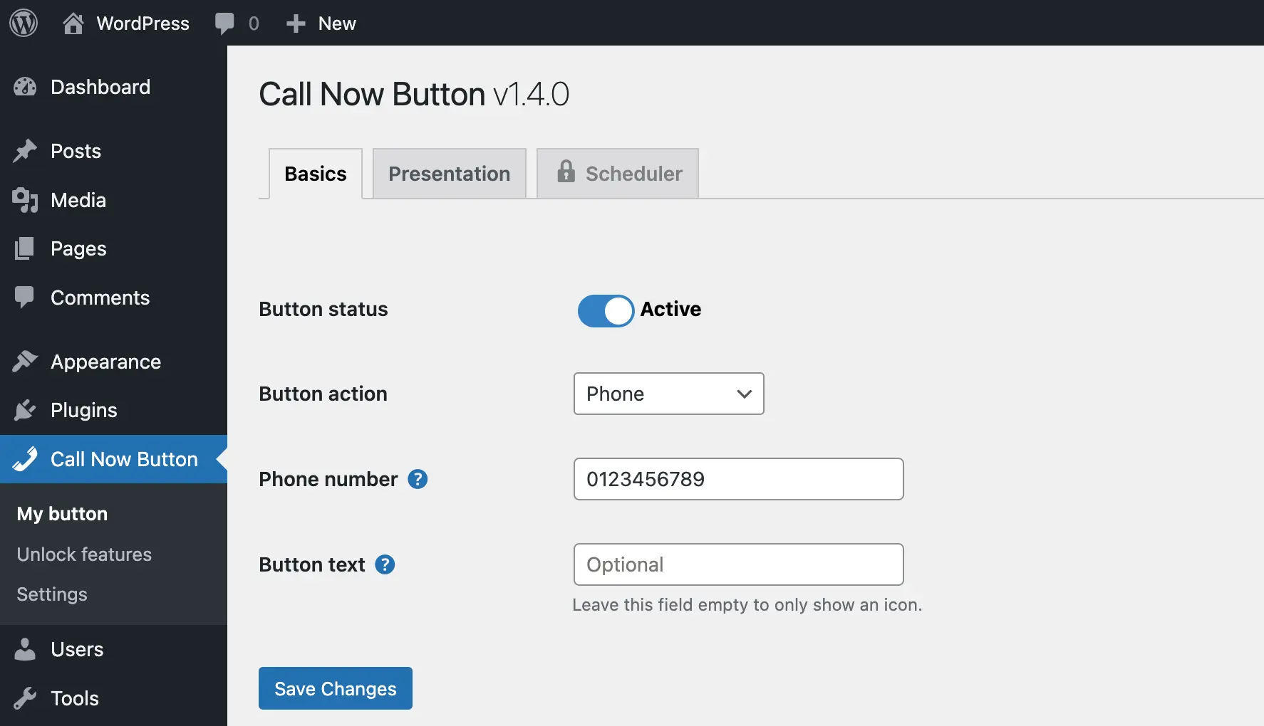 Add a click to call button to your website in WordPress - button settings