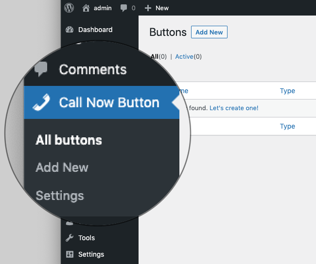 Find the Call Now Button in the side nav of your WordPress dashboard.