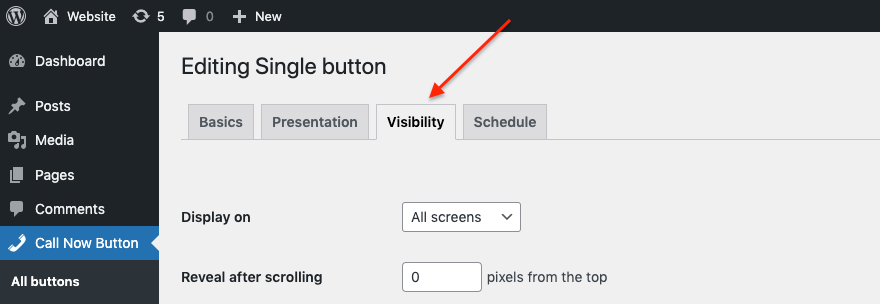 The Visibility tab in the Call Now Button WordPress plugin interface.